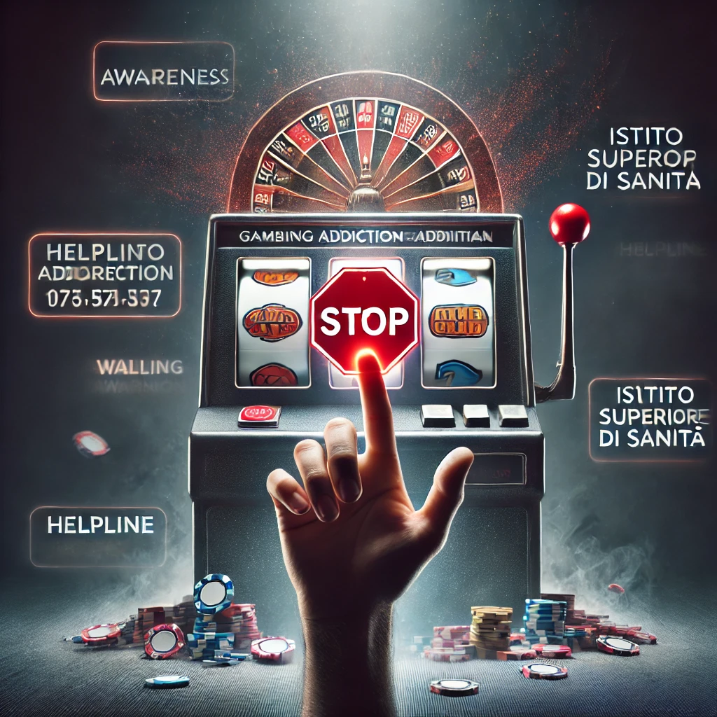 Immagine contro la ludopatia, una slot machine e una mano che sembra fare touch col dito al centro della slot